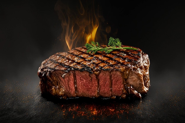 Yummy beef grill steak on a table in a dark black background with fire and smoke food photograph food styling