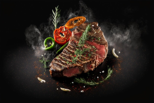 Yummy beef grill steak on a table in a dark black background with fire and smoke food photograph food styling