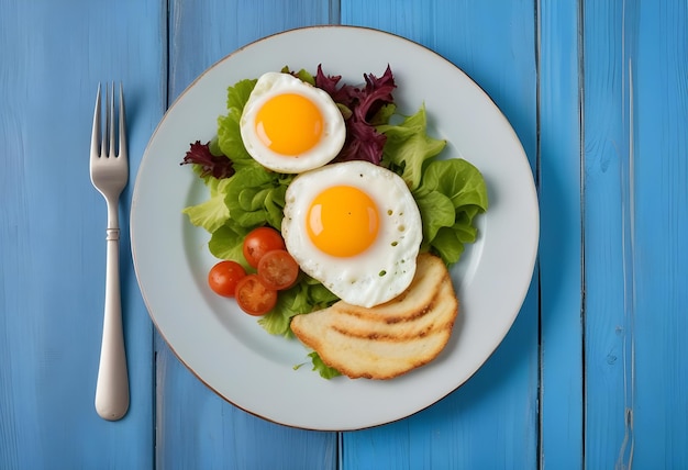 Yummy Breakfast On A Table With Fried Egg Salad Carrot Tomato and Vegetables Tasty Fried Egg