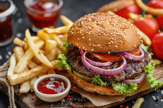 Yummy Burger with Grilled Meat and Fries A Complete Meal