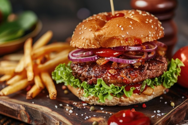 Yummy Burger with Grilled Meat and Fries A Complete Meal