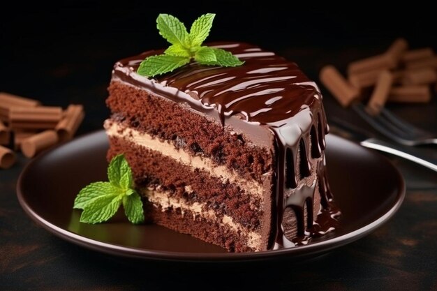 Yummy chocolate cake served on table