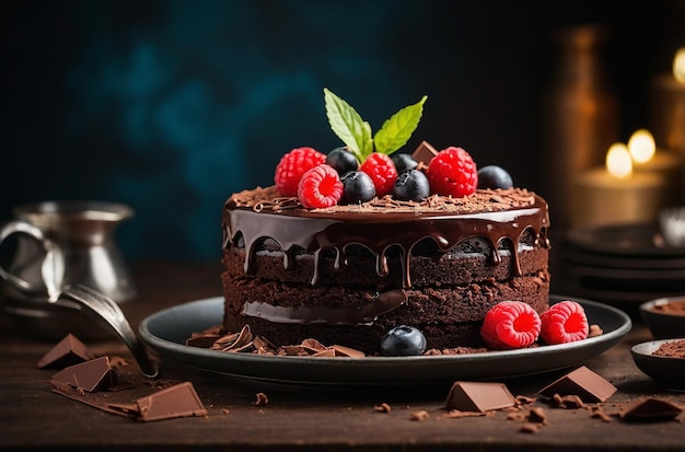 Yummy chocolate cake served on table