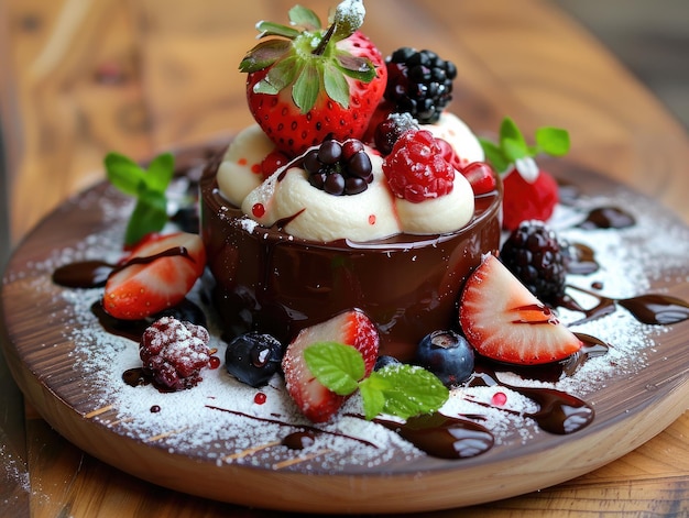 Photo yummy chocolate dessert its on a round board with creamy goodness and fresh fruits looks like a swe