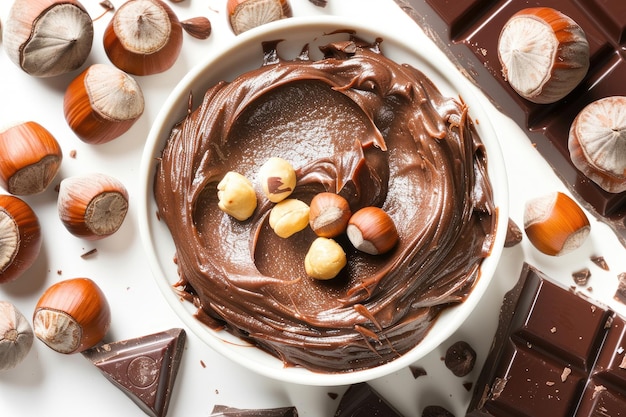 Yummy chocolate paste and hazelnuts on white background top view Collage design