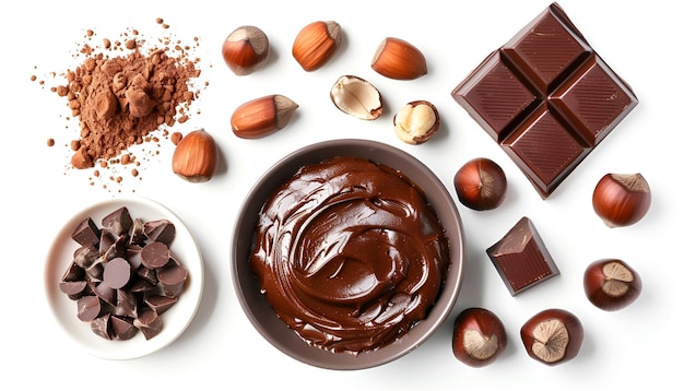 Yummy chocolate paste and hazelnuts on white background top view Collage design