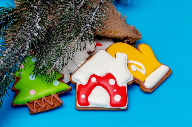 Yummy Christmas cookies near a fir tree branch