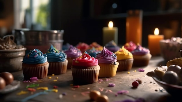 Yummy cupcake with butter cream and burning candle on wooden table against dark background