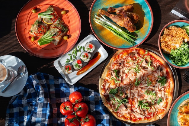 Yummy homemade pizza on a buffet table in a beautiful setting, sunny lighting