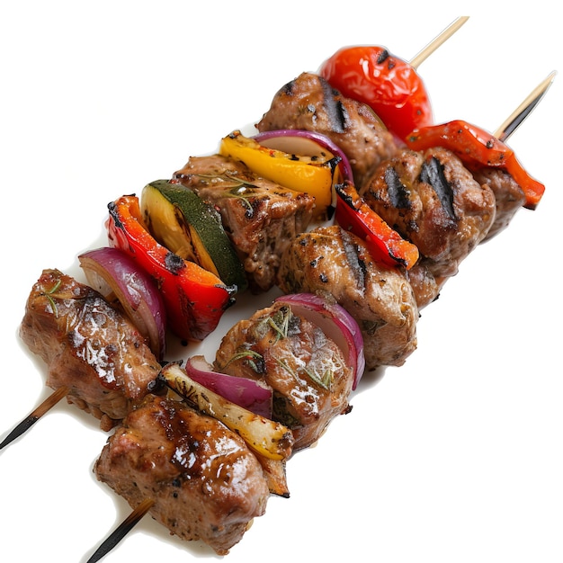 Yummy Kabobs grilled meat skewers isolated on white background