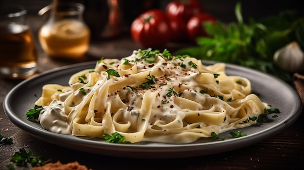 Photo yummy luscious fettuccine pasta isolated on blur background