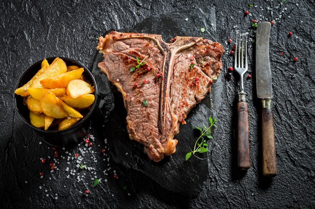 Yummy tbone steak with chips on black table