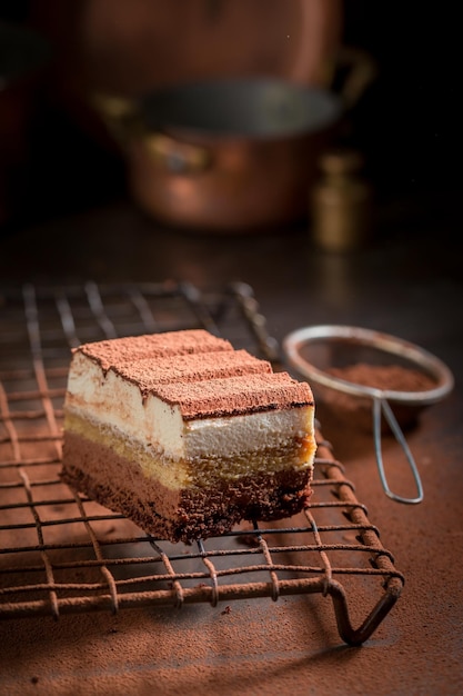 Yummy tiramisu cake made of mascarpone biscuits and cocoa