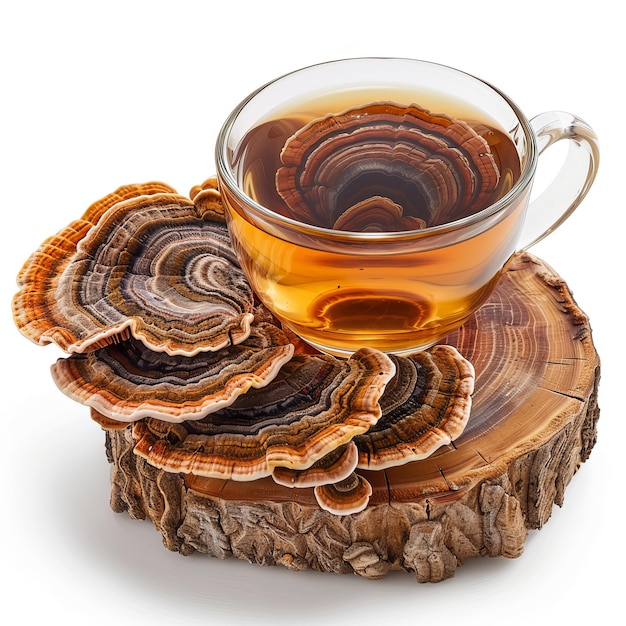 Yummy Turkey Tail Mushroom Tea isolated on white background