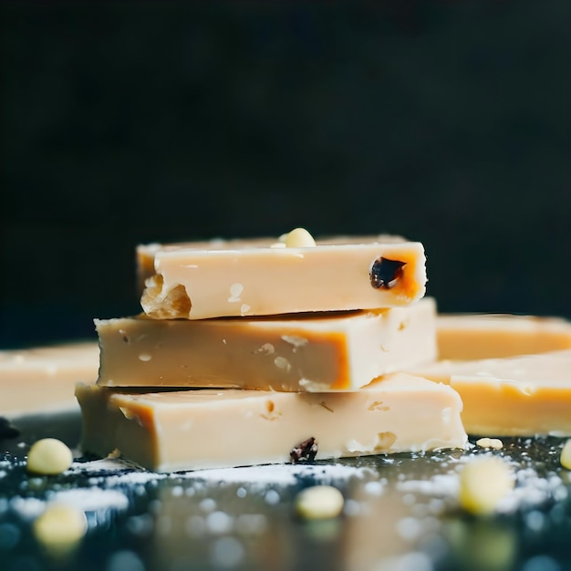 Yummy white chocolate pieces on a backdrop