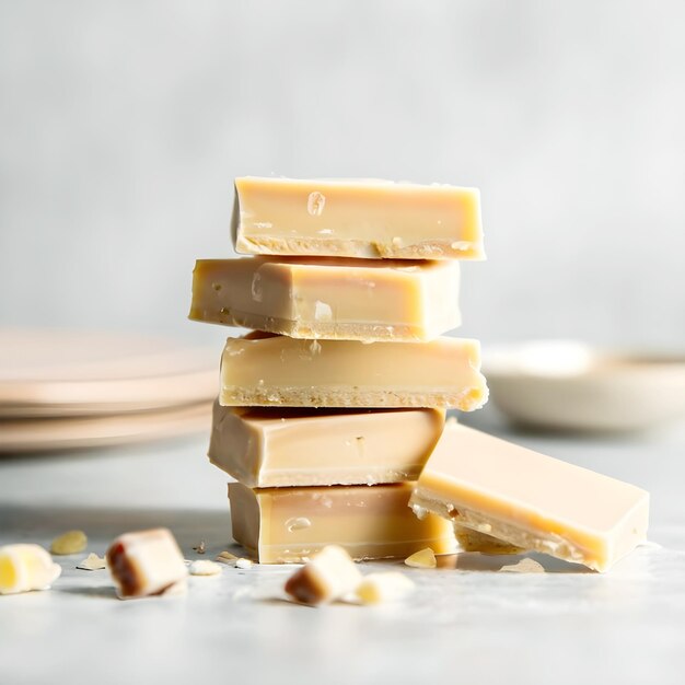 Yummy white chocolate pieces on a backdrop