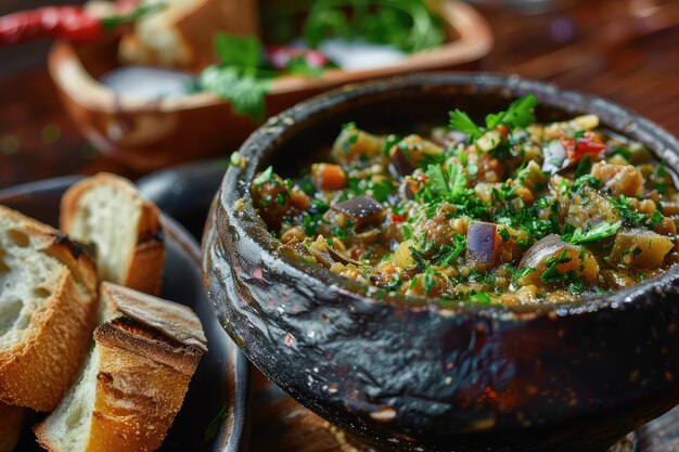 Zaalouk Moroccan Eggplant Dip Served with Bread Stewed Eggplant Pieces