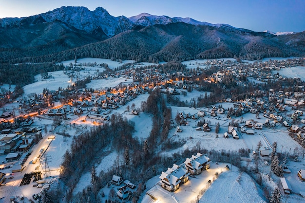 Zakopane Cityscape in Winter with Giewont Mountain Drone View