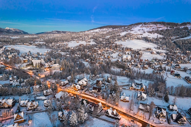 Zakopane Winter Capital of Poland Aerial Drone Panoramic View at Sunrise