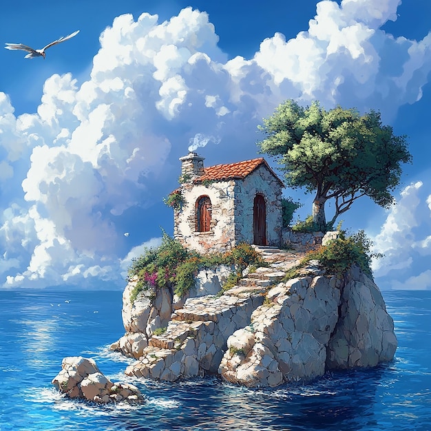 Photo zakynthos style stone blue water clouds small home illustration fantasy art jrpg ar 169