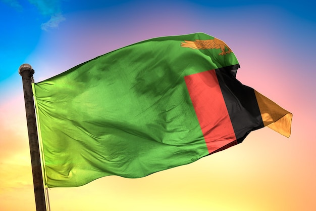 zambia country flag, 3d flag, and color background.