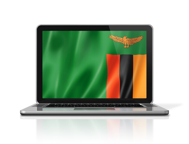 Zambia flag on laptop screen isolated on white. 3D illustration render.