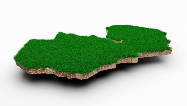 Zambia Map soil land geology cross section with green grass and Rock ground texture 3d illustration