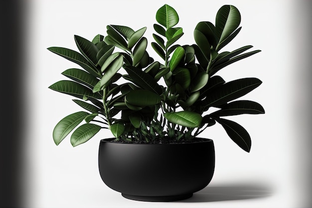 Zamioculcas in a black pot is shown in an artwork with a white background