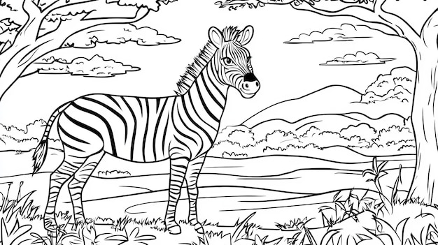 Photo a zebra animal in an african safari wildlife coloring book page outline black white monochrome contour drawing of grass and trees children39s school education line doodle character drawing