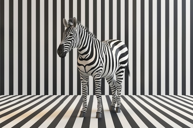 Photo zebra on a background of a black and white striped wall