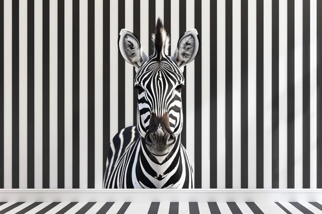 Photo zebra on a background of a black and white striped wall