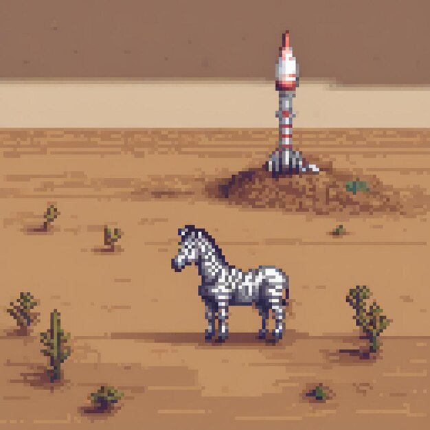 Photo zebra in desert with rocket pixel art