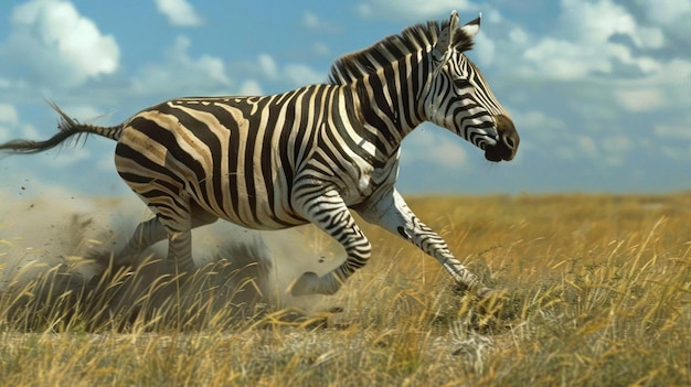 Zebra galloping through a grassy field with clear sky in the background