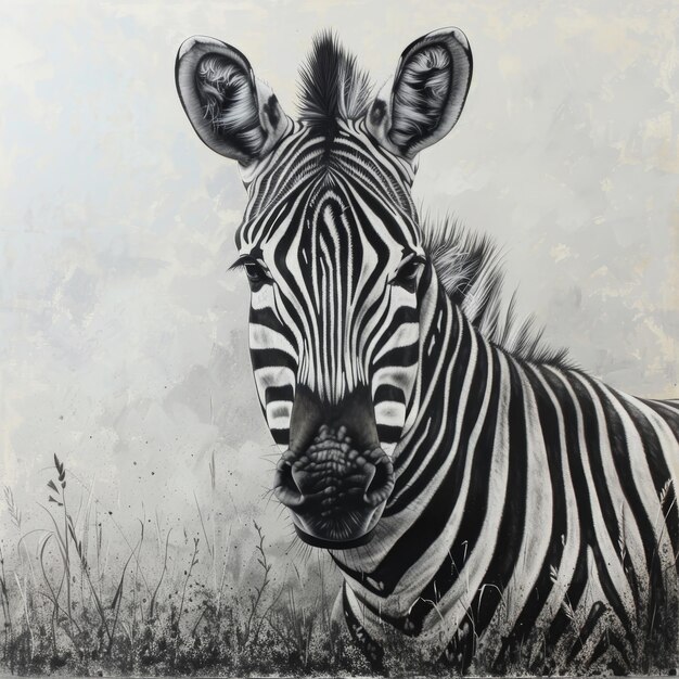 Zebra on grunge background Black and white painting on canvas