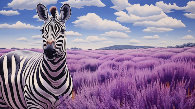 a zebra is standing in a field of lavender