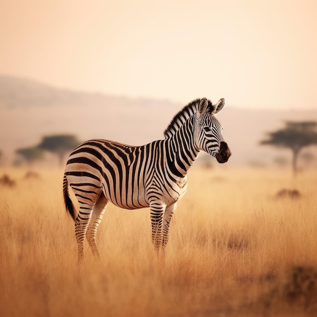 A zebra is standing in a field with a background of trees and mountains.