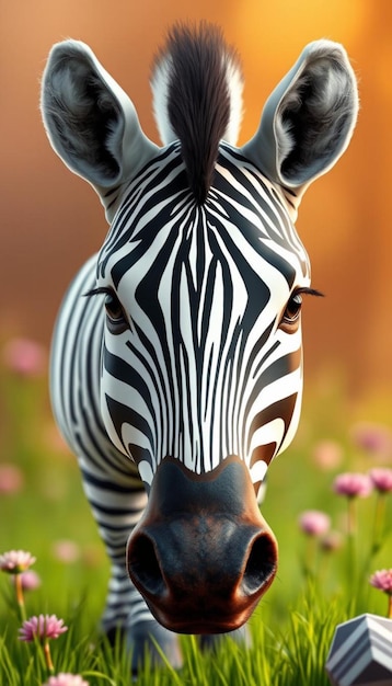 Photo a zebra is standing in a field with a flower in the foreground