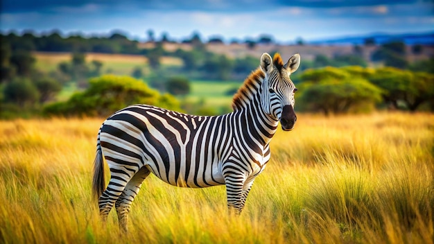 a zebra is standing in a field with trees in the background