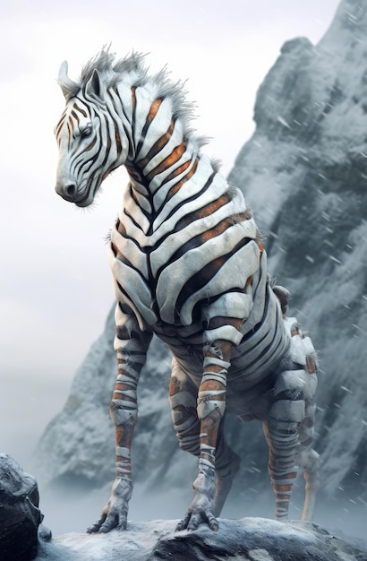 A zebra is standing in front of a mountain.