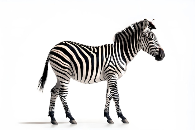 A zebra is standing in front of a white background.