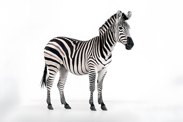 A zebra is standing in front of a white background.