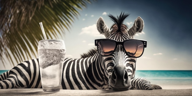 Zebra is on summer vacation at seaside resort and relaxing on summer beach