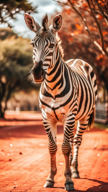 a zebra is walking on a dirt road with trees in the background