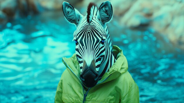 Photo a zebra is wearing a green jacket and has a blue eye