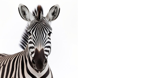 A zebra isolated on a white horizontal background with space for text Black and white background