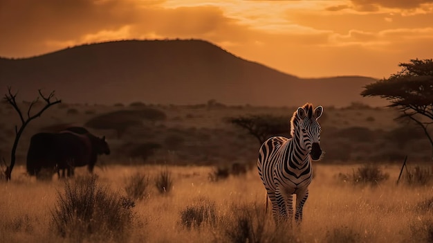 A zebra and a lioness are standing in a field at sunset.