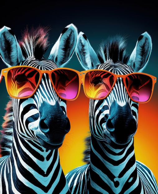 zebra portrait with sunglasses Funny animals in a group together looking at the camera wearing clothes having fun together taking a selfie An unusual moment full of fun and fashion consciousness