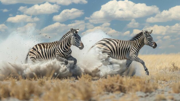 Zebra race in a dusty field with clear skies and fluffy white clouds