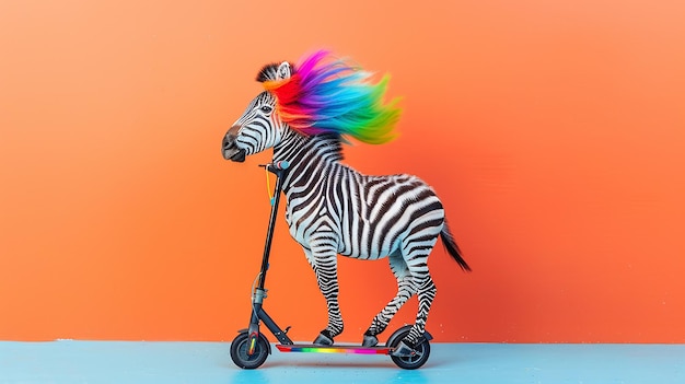 Photo zebra riding a scooter portrait render isolated