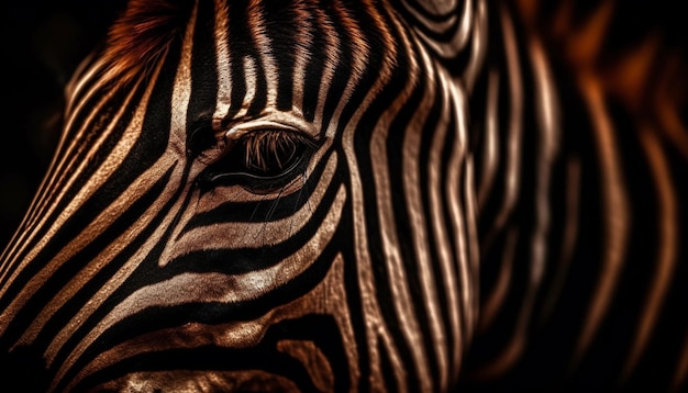 A zebra's face is shown with stripes.